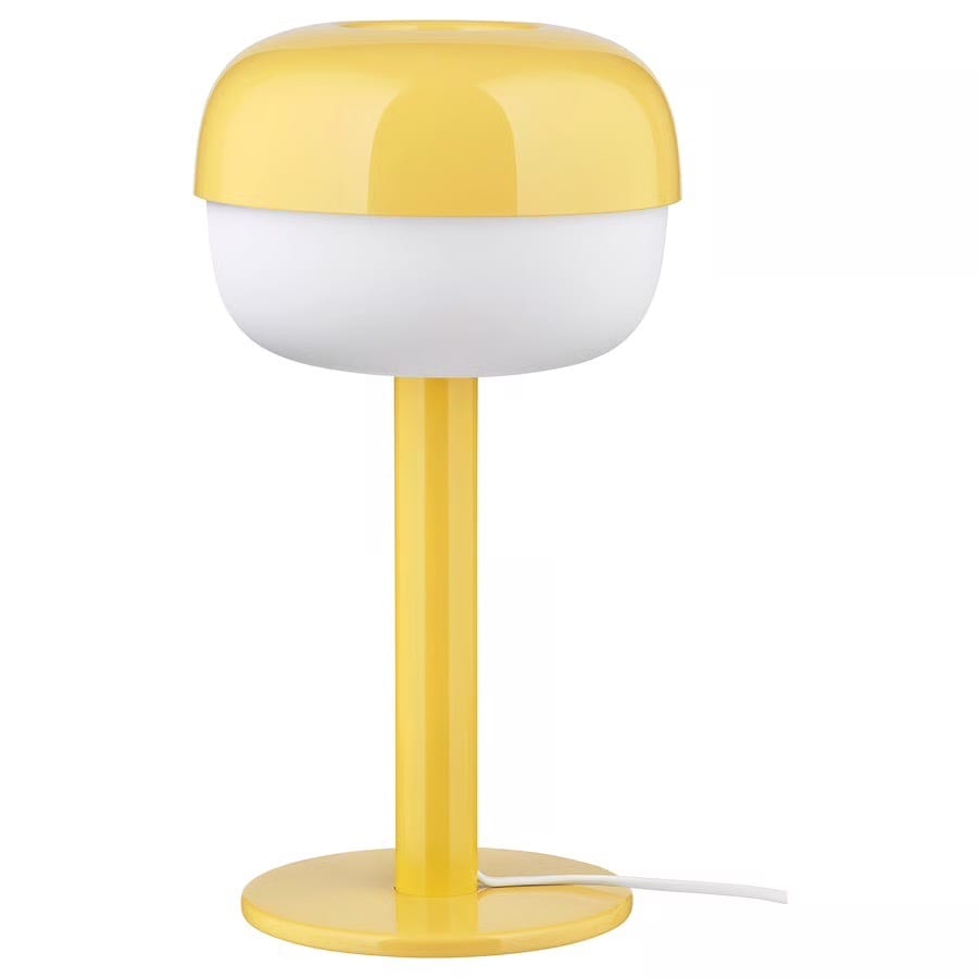 Yellow and white mushroom-shaped modern lamp.