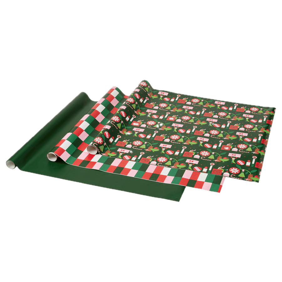 Three Christmas wrapping paper rolls: solid green, red/green/white checker, and festive icon pattern.