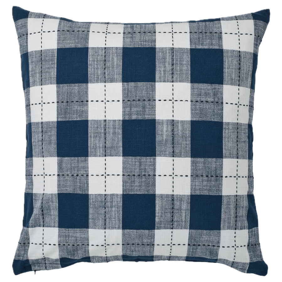 Square navy and white gingham pillow with dashed stitching.