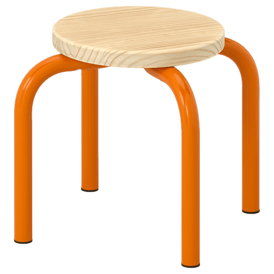 Orange metal stool with a round light wood top.
