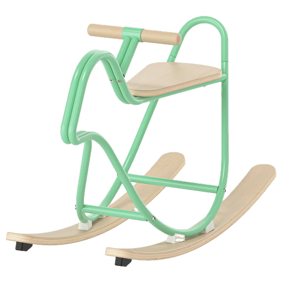 A modern mint green rocking horse with wooden details.