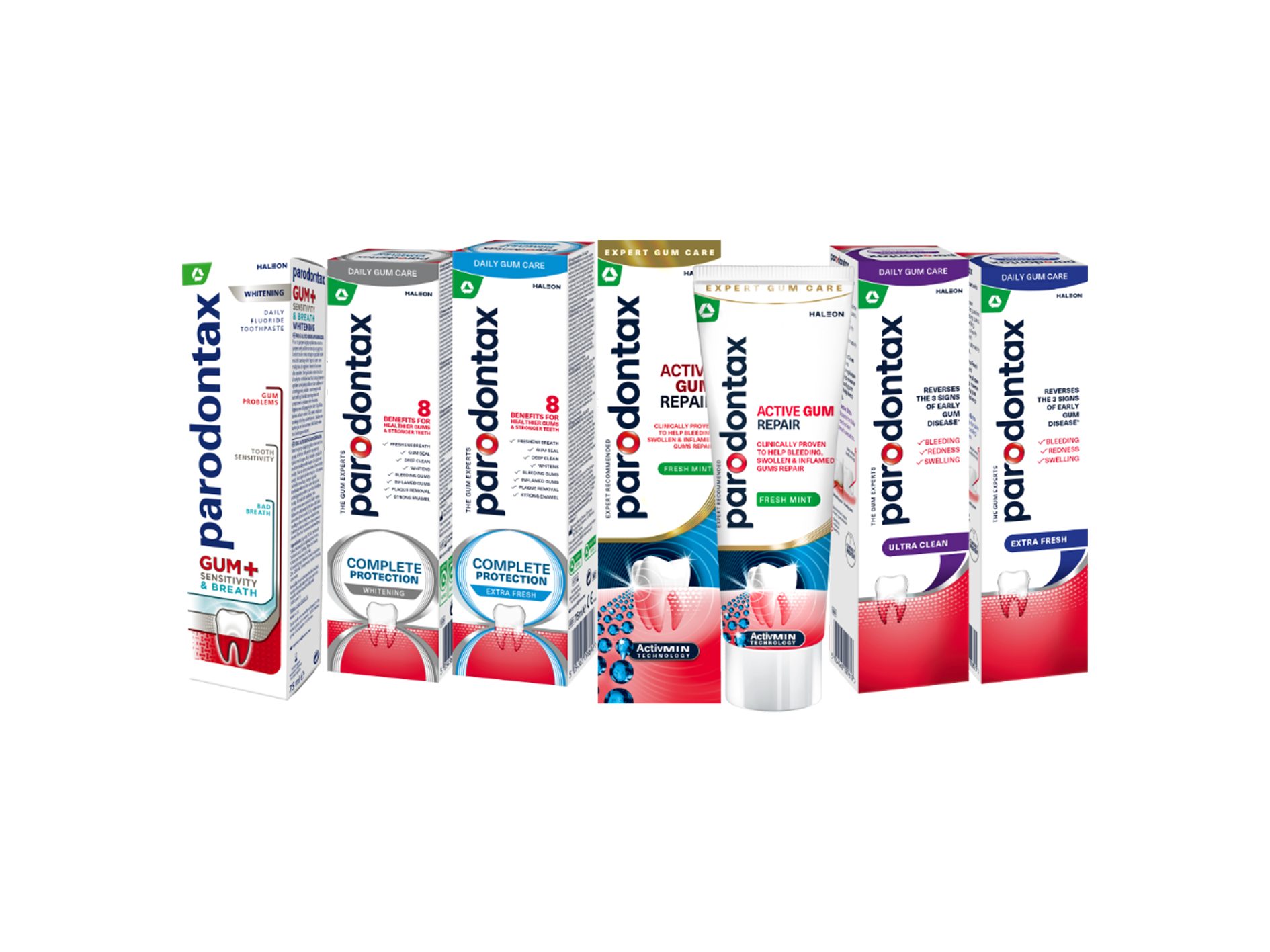 A row of various Parodontax toothpaste boxes and tubes, highlighting gum care and different variants.
