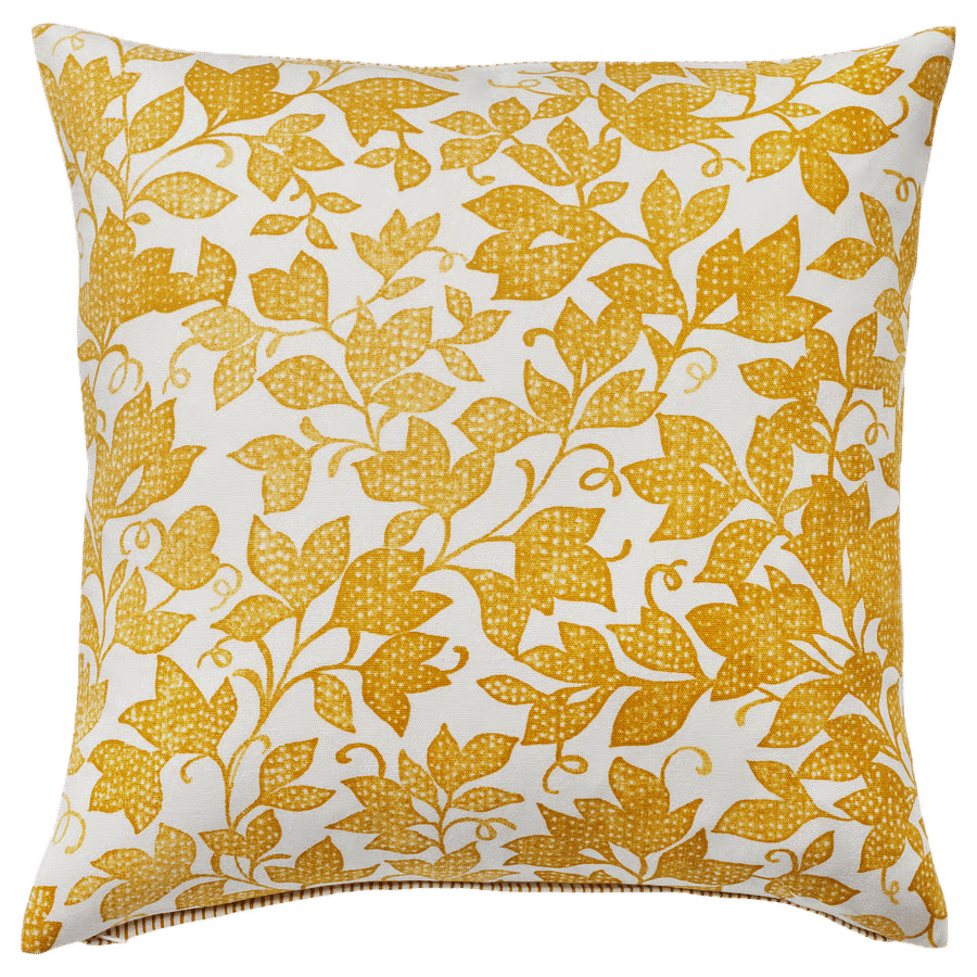 Square throw pillow with yellow dotted leaf pattern on white, with striped trim.