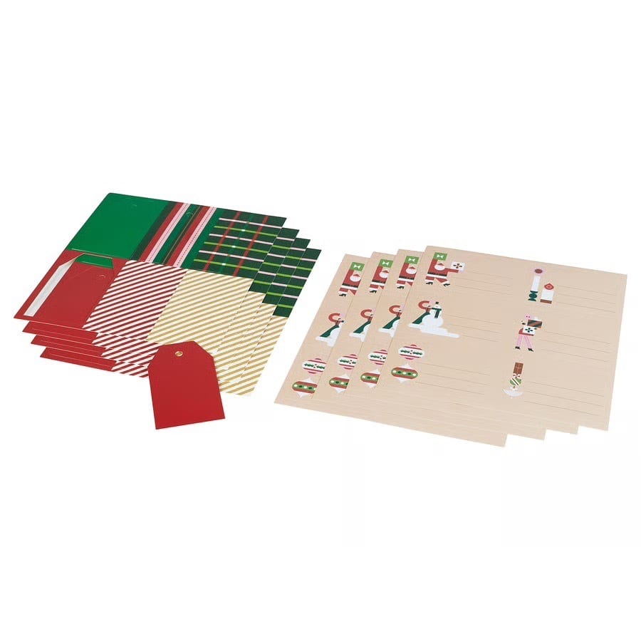 Christmas gift set: red tags, patterned paper (stripes, plaid), and festive stationery.