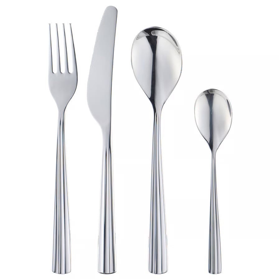 Silver cutlery set: fork, knife, large spoon, small spoon, all with ridged handles.
