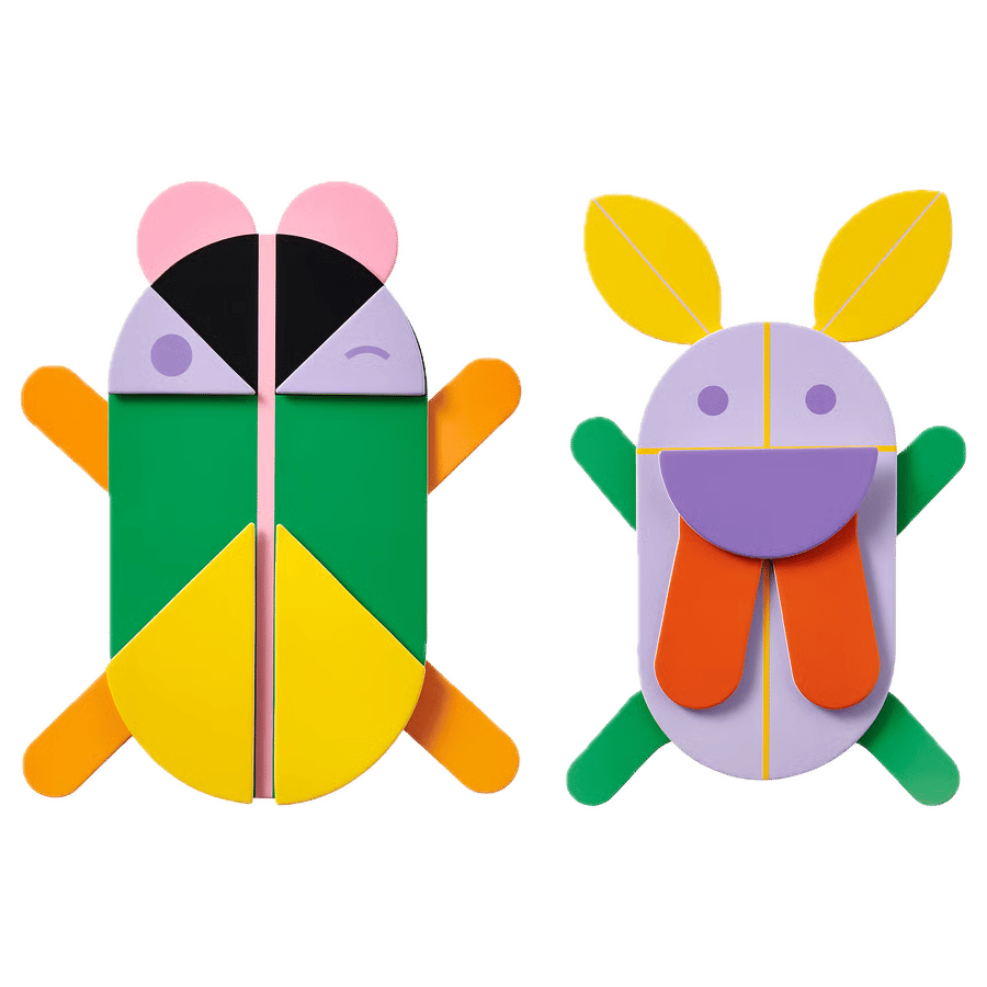 Two colorful geometric block creatures: a bug and a bunny.