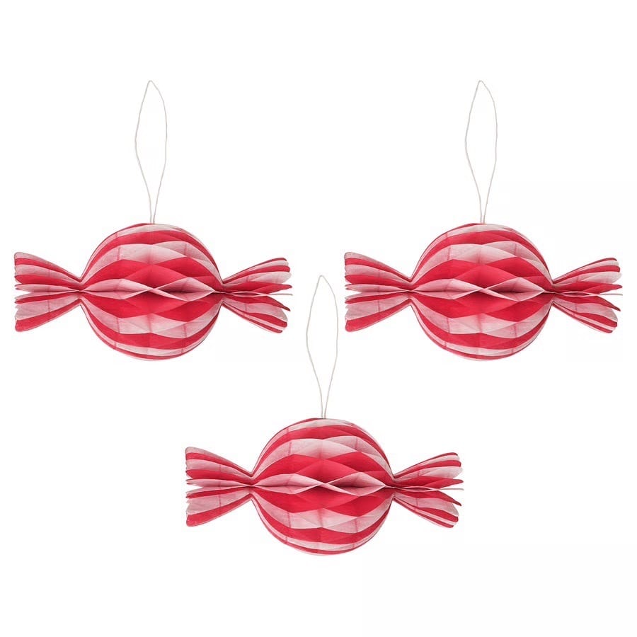 Three red and white striped honeycomb candy ornaments.
