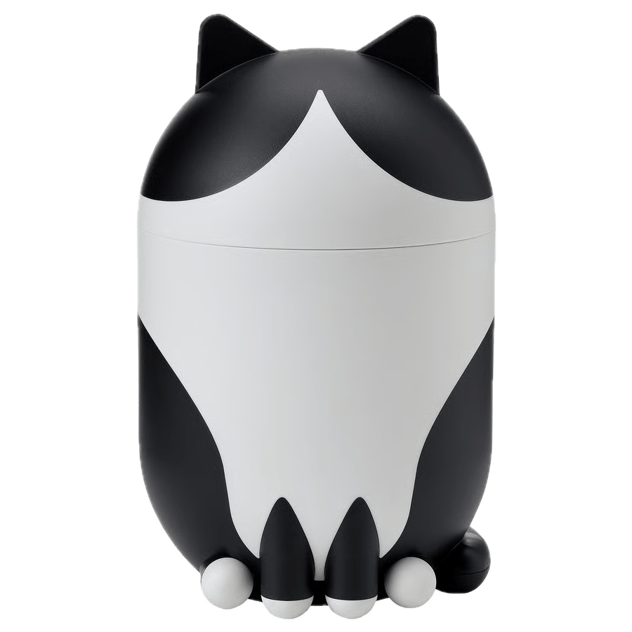 Black and white cat-shaped container with pointed ears and paw details.
