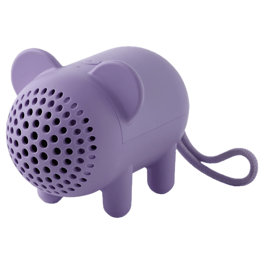 Purple mouse speaker with sound grille and braided cord.