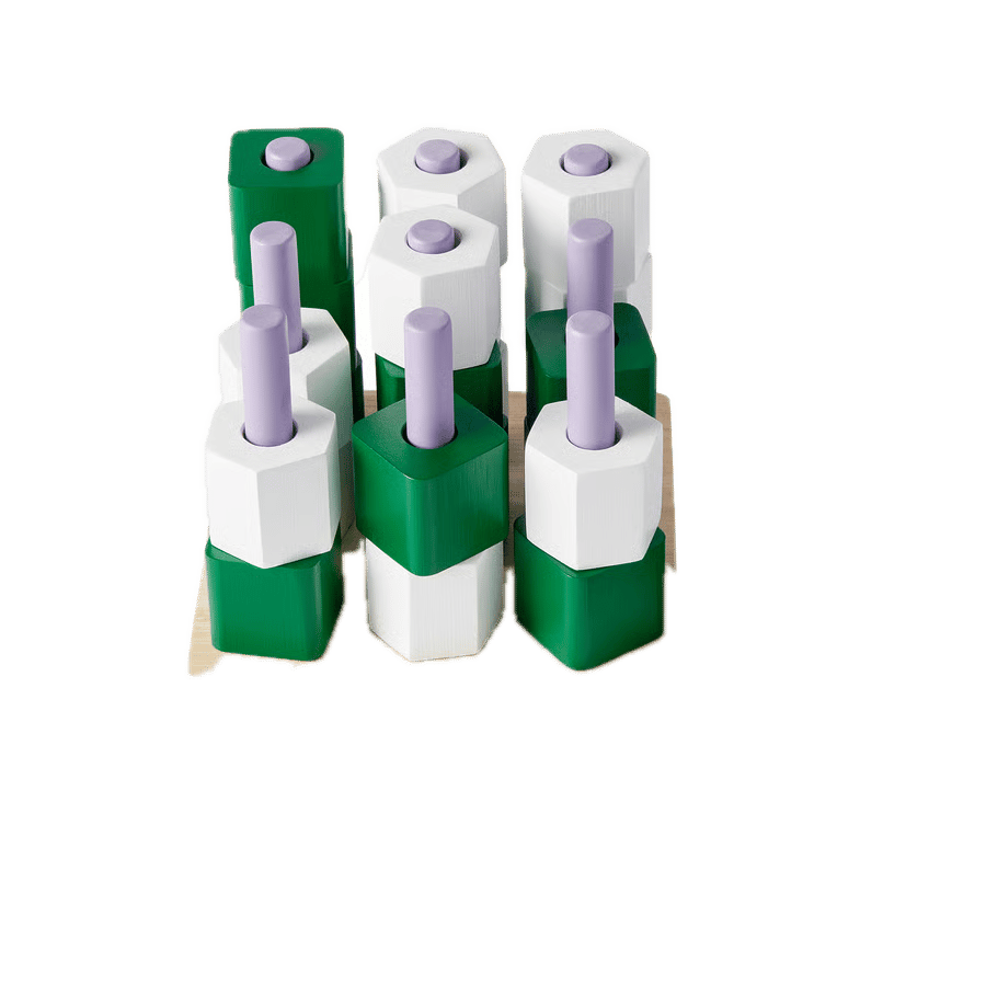 Wooden stacking toy with green and white blocks on purple pegs.