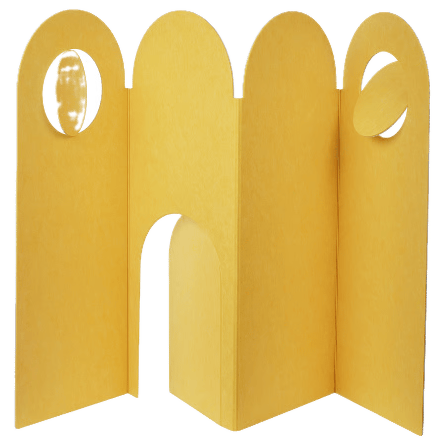 Yellow folding screen with arched tops, circular and abstract cutouts, and a lower archway.