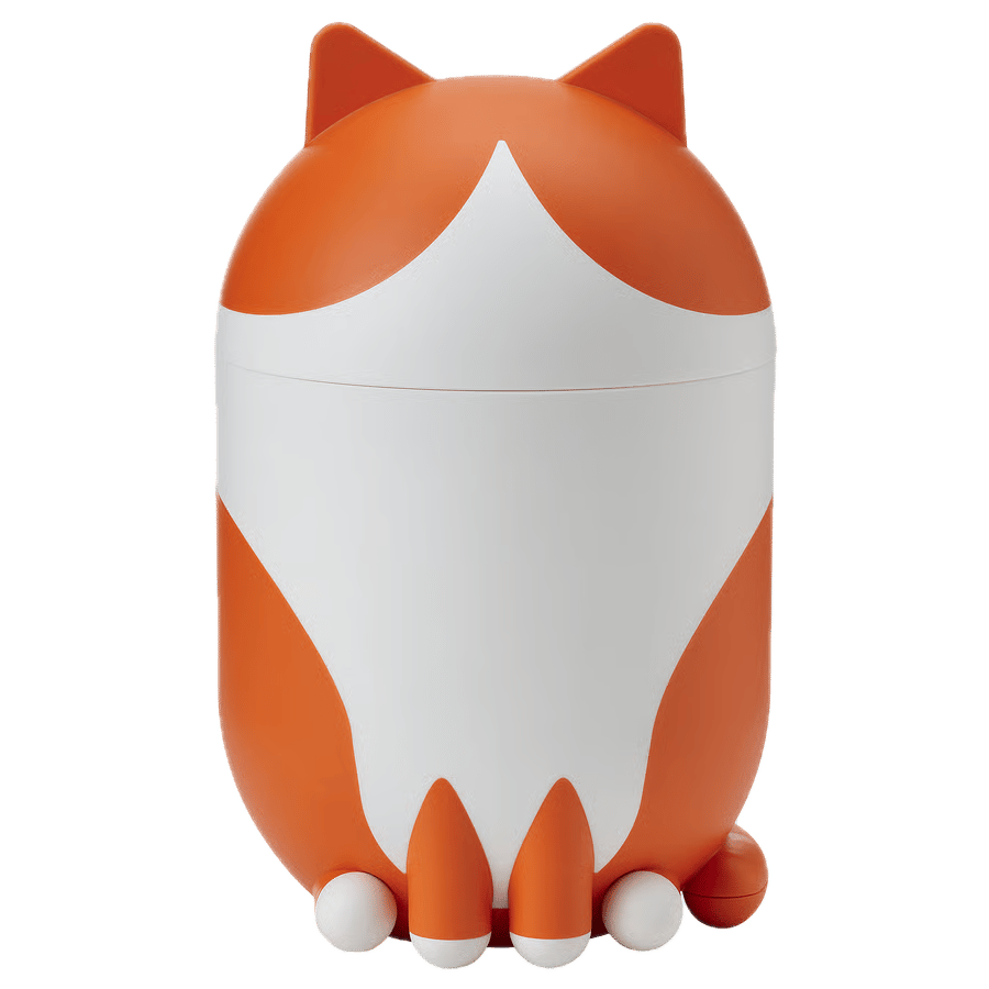Orange and white cat-shaped container with ears and paws.