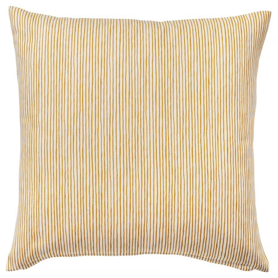Square cushion with yellow and white vertical stripes.
