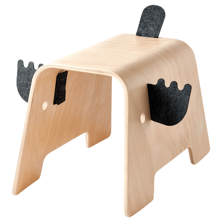 Plywood children's animal stool with grey felt antlers and tail.
