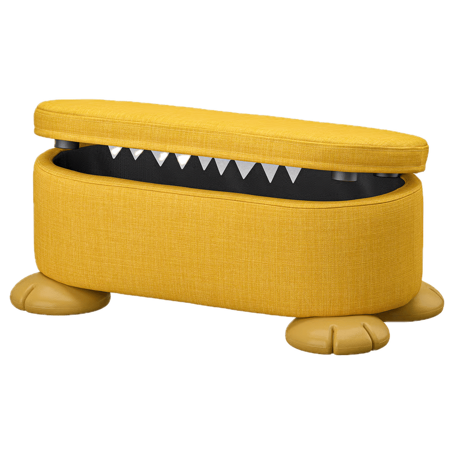 Yellow crocodile-shaped ottoman with an open mouth revealing teeth and paw feet.