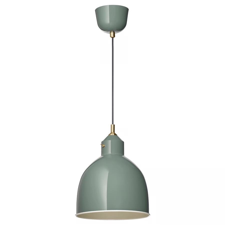 Sage green dome pendant lamp with brass accents.