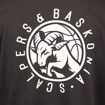 White circular logo of a ram's head with a basketball, surrounded by "SCAL PERS & BASKONIA" on black fabric.