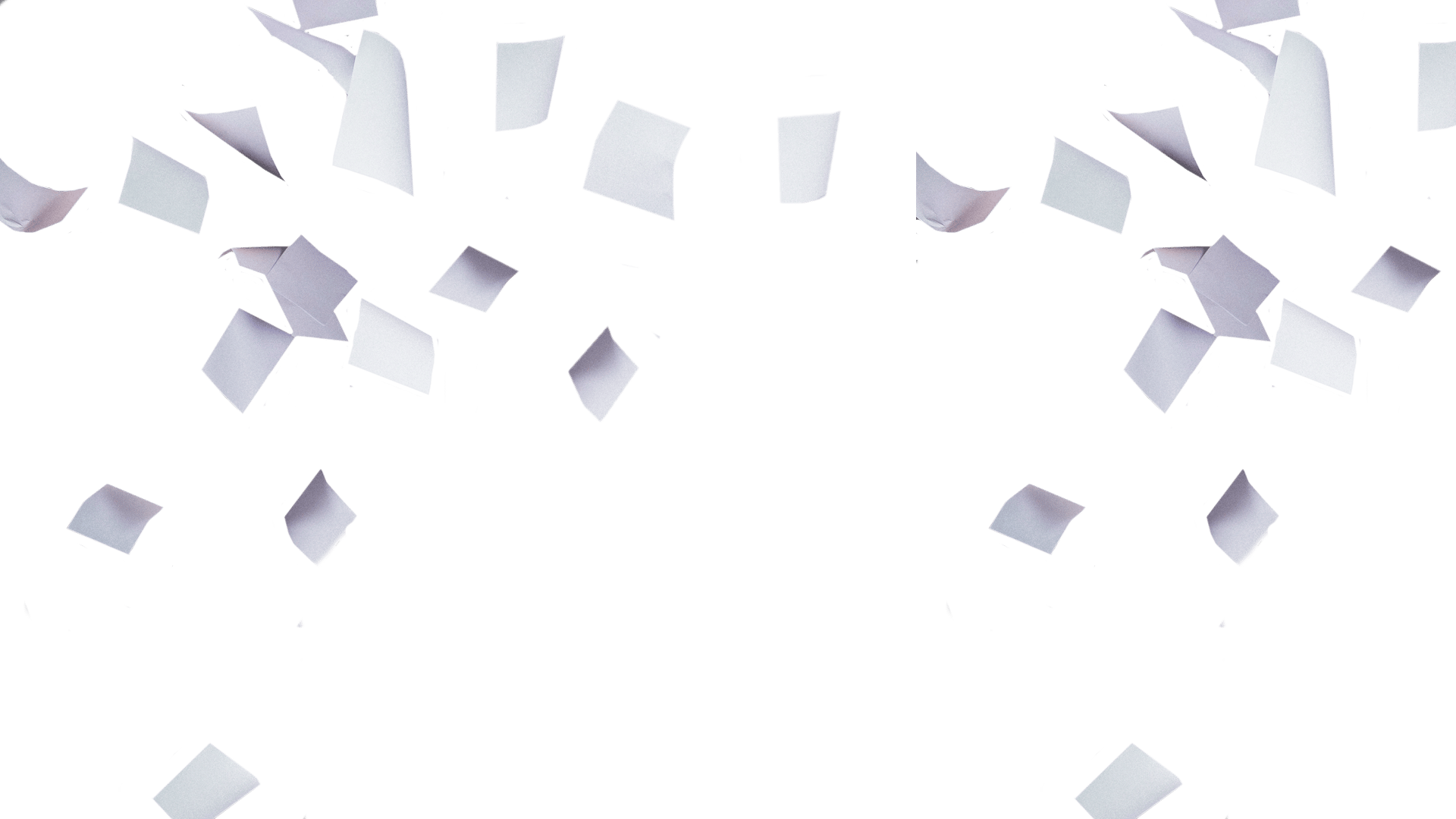 White pieces of paper are falling or floating against a solid dark green background.