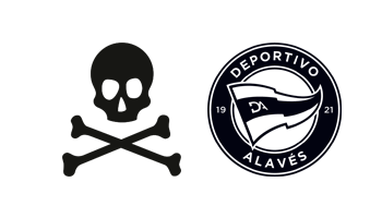 Skull and crossbones next to the Deportivo Alavés football club logo on a dark green background.
