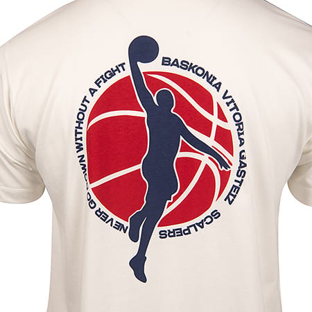 Cream t-shirt back with a graphic of a basketball player silhouette dunking on a red ball.