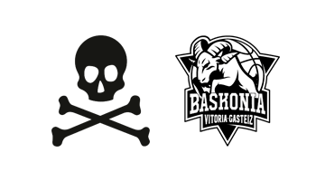 A black skull and crossbones (Jolly Roger) symbol next to the Baskonia Vitoria Gasteiz basketball team logo.