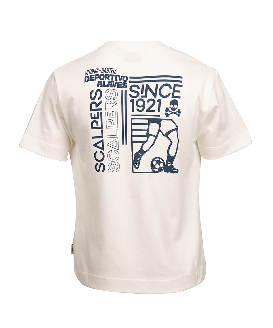 White t-shirt with blue "Deportivo Alaves Scalpers" print, featuring a soccer player and skull logo.