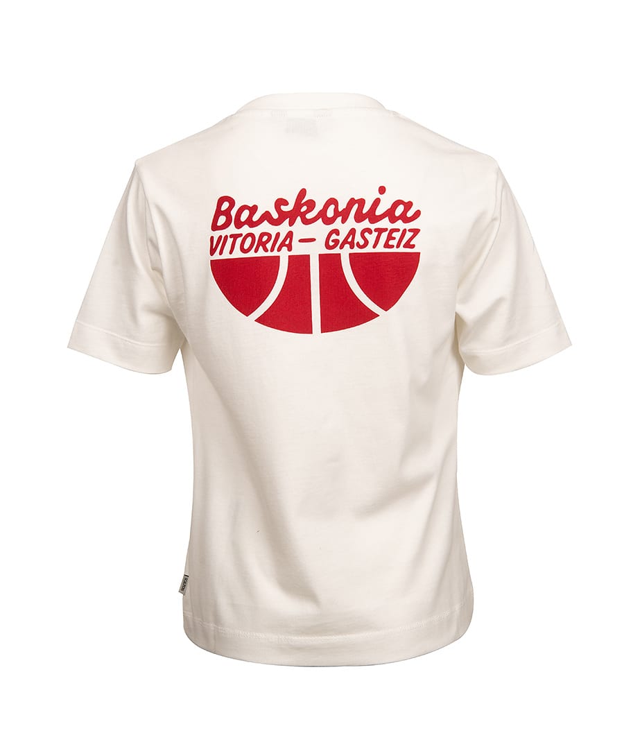 White t-shirt, back view, with a red 'Baskonia Vitoria-Gasteiz' text and basketball graphic.
