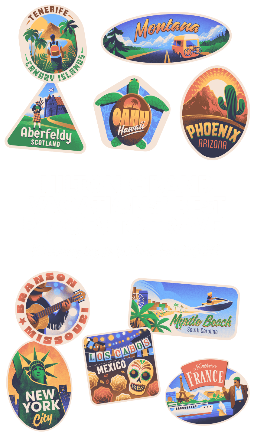 Hilton Grand Vacations travel poster with 10 vintage-style destination stickers.