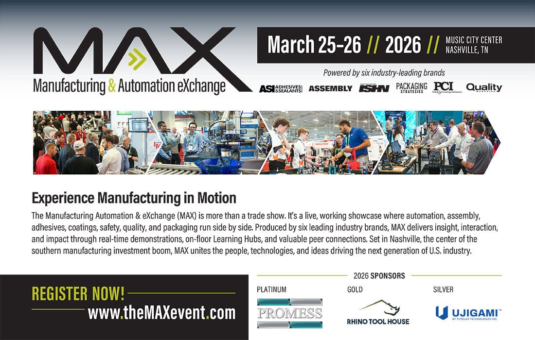 MAX 2026 Manufacturing & Automation eXchange ad with event details, attendee photos, and sponsors.