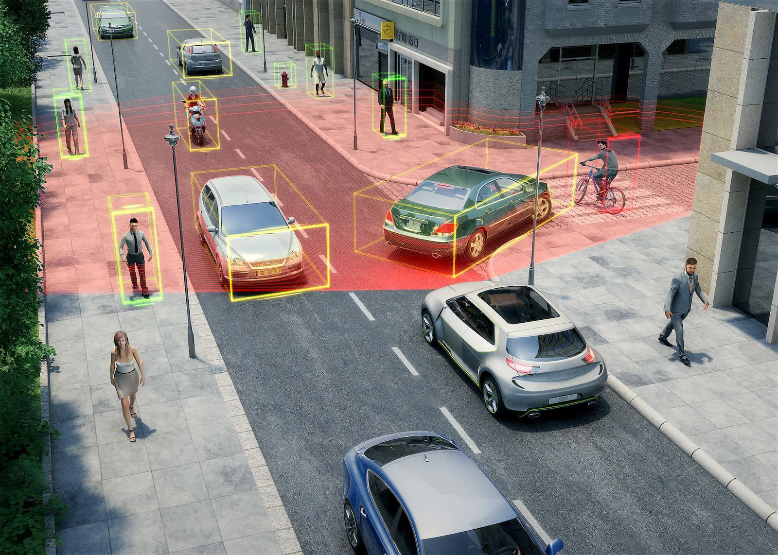 Autonomous driving sensor view detecting cars, people, and road hazards with bounding boxes.