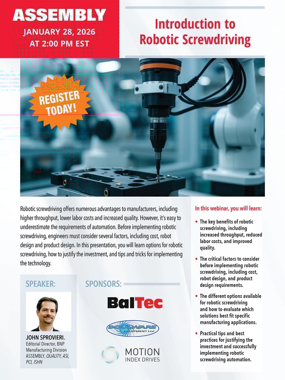 Ad for 'Introduction to Robotic Screwdriving' webinar, Jan 28, 2026, featuring a robotic arm.