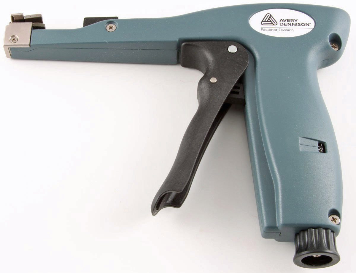 A grey-green Avery Dennison cable tie tensioning tool with a black trigger and handle on a white background.