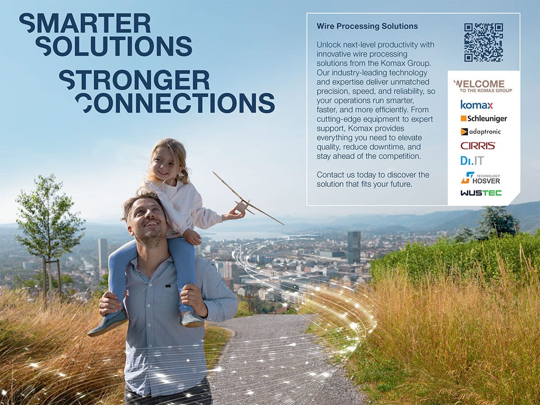 Smiling man with child overlooking city. Text: "Smarter Solutions," "Wire Processing," Komax brands.