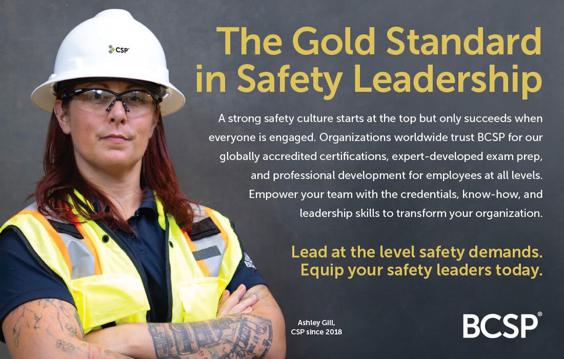 A woman in a hard hat and safety vest, promoting BCSP's safety leadership certifications.