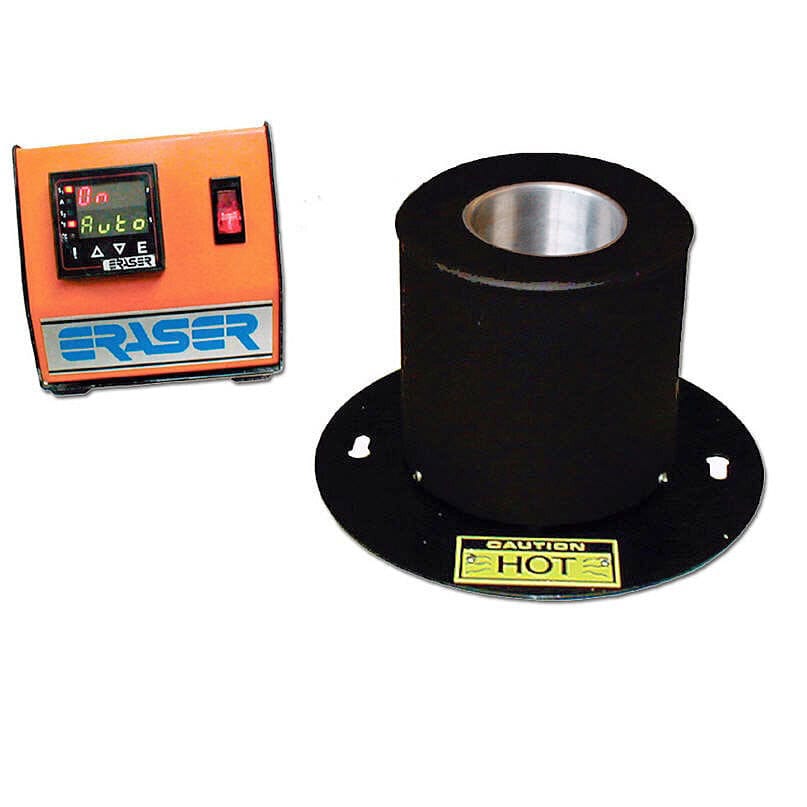 Orange control box and black cylindrical heater with 'CAUTION HOT' label.