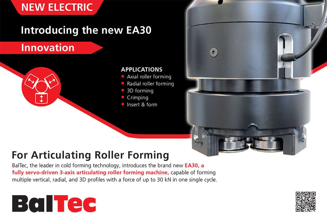 Advertisement for BalTec's new EA30 electric 3-axis articulating roller forming machine.