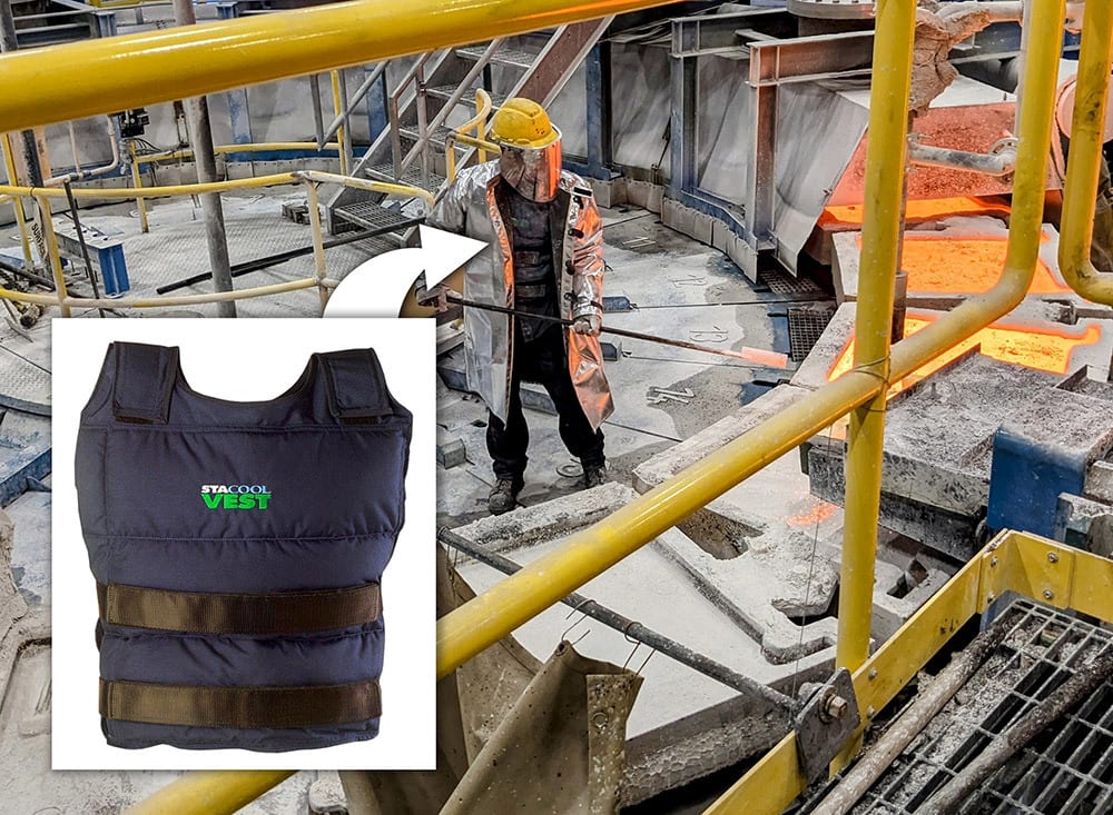 Worker in heat-protective gear in a hot smelter, with inset showing a 'Stacool Vest'.