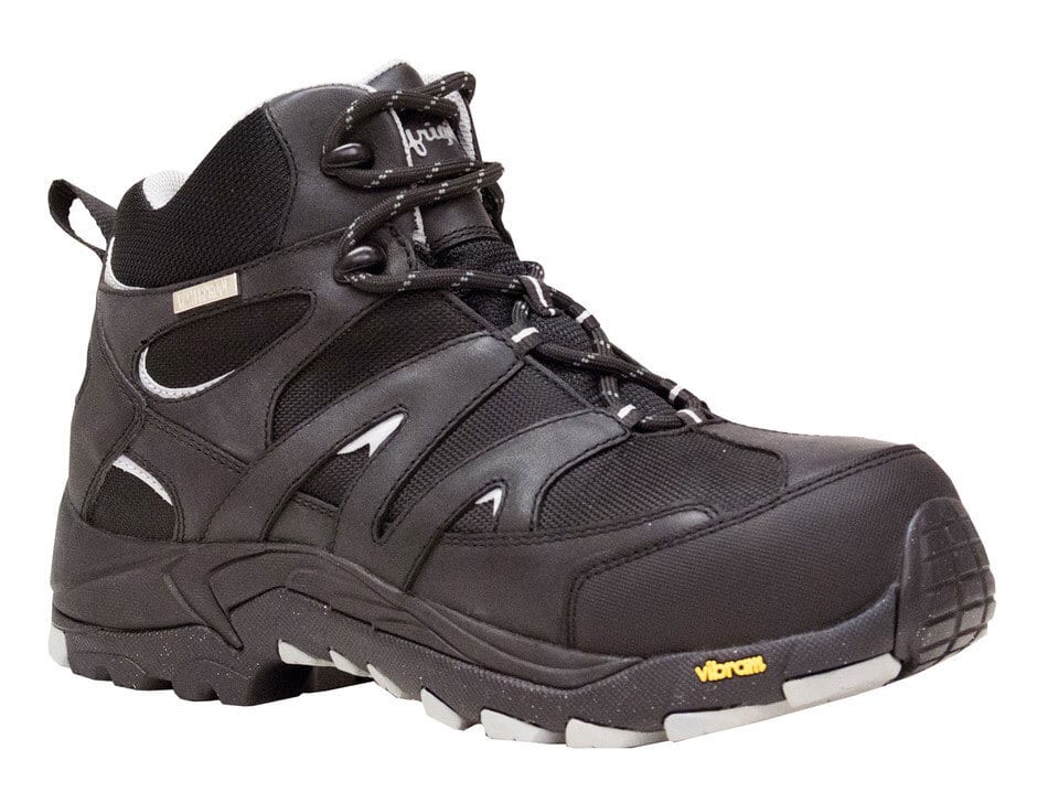 Black lace-up hiking boot with Vibram sole and "WATERPROOF" tag.