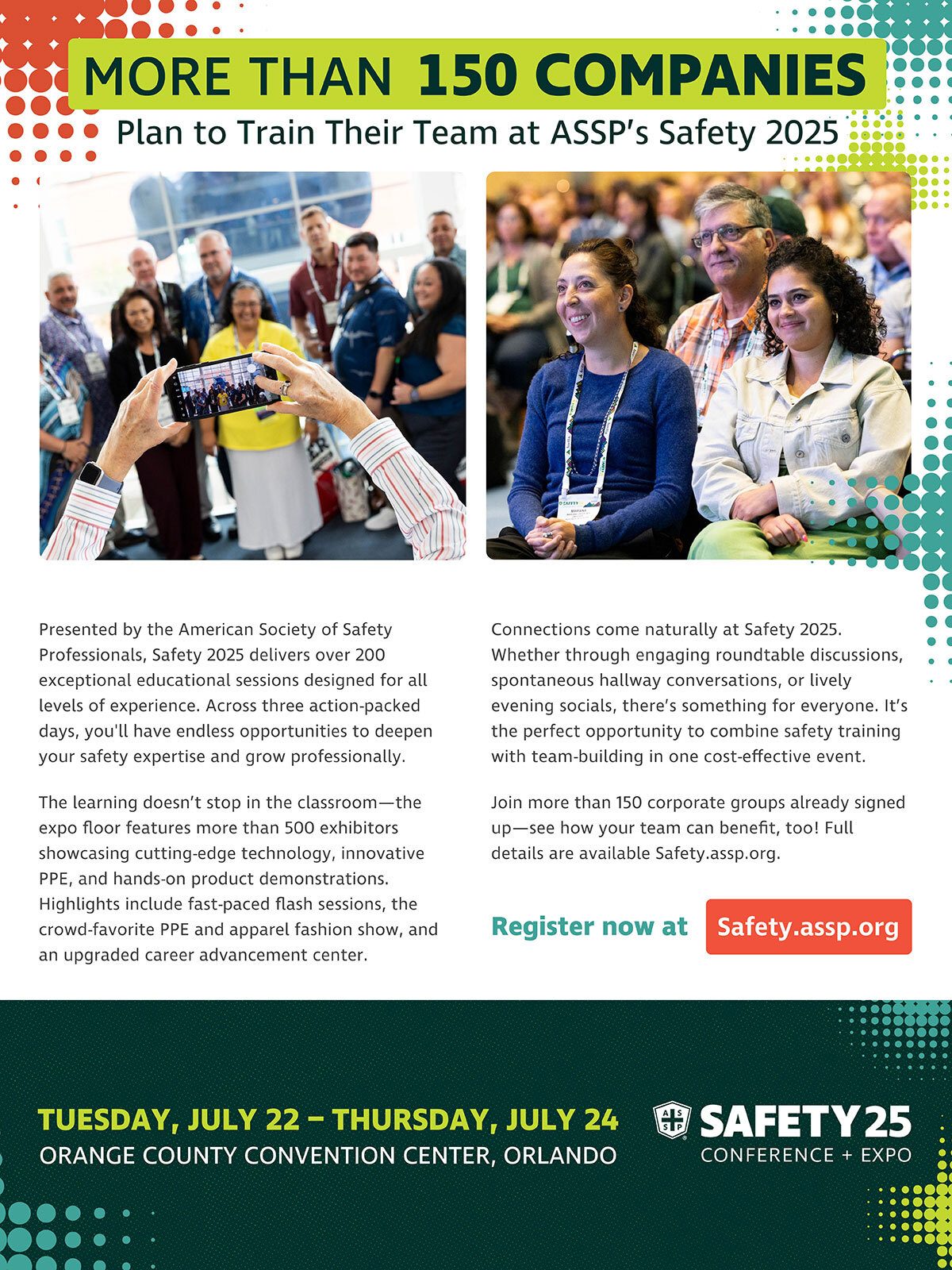 Advertisement for Safety 2025 Conference + Expo, showing attendees. July 22-24, Orlando. Register now.