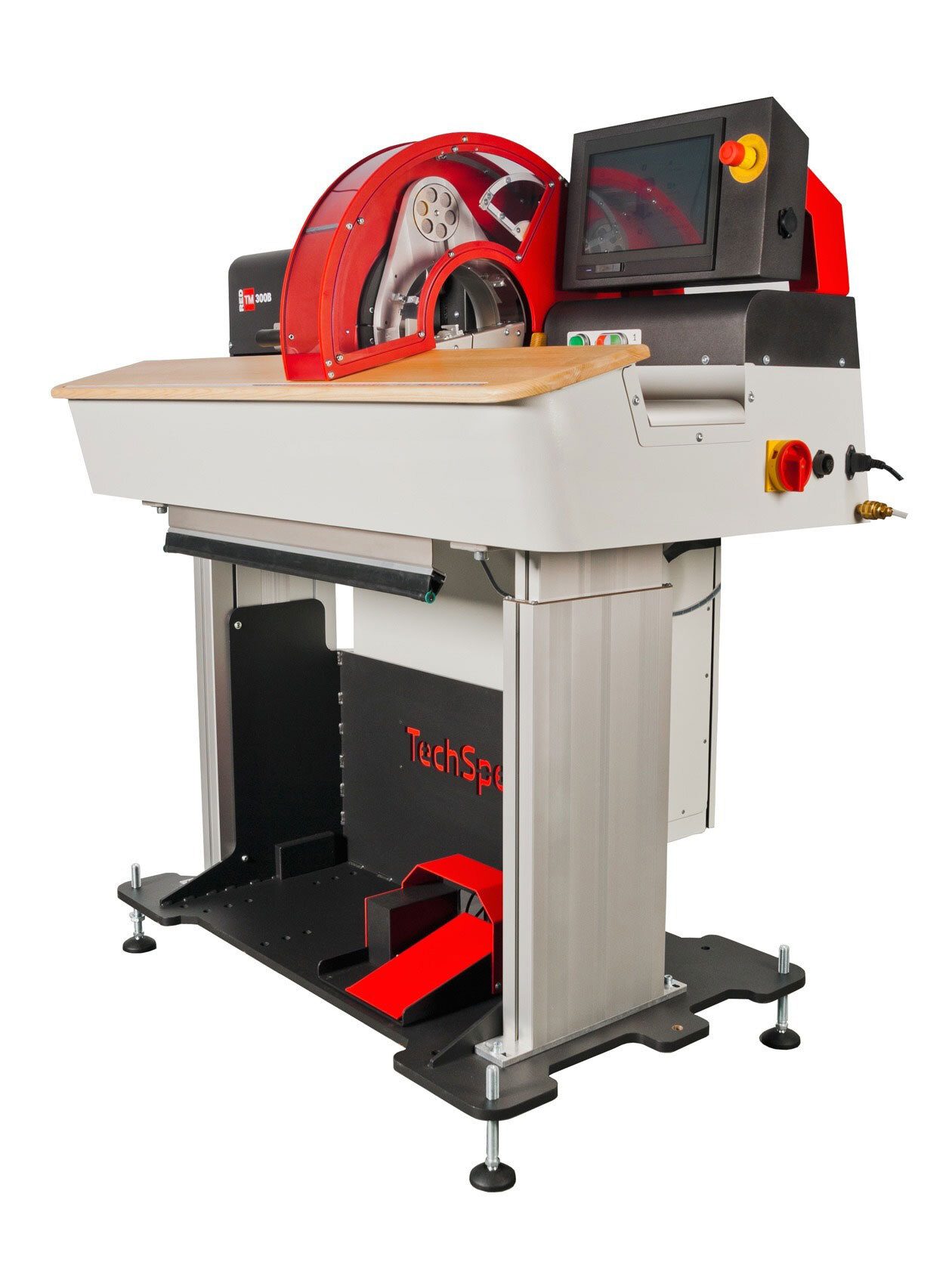 Industrial TechSpe machine with red safety cover and touchscreen.