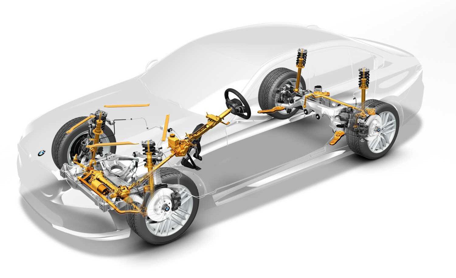 Transparent car chassis with gold suspension, steering, and wheels visible.