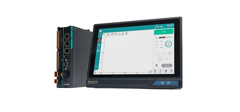 PLC and HMI touch panel display for industrial automation.