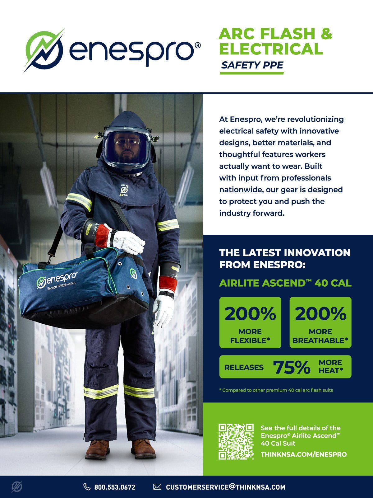 Man in Enespro Airlite Ascend 40 Cal arc flash suit, 200% more flexible & breathable.