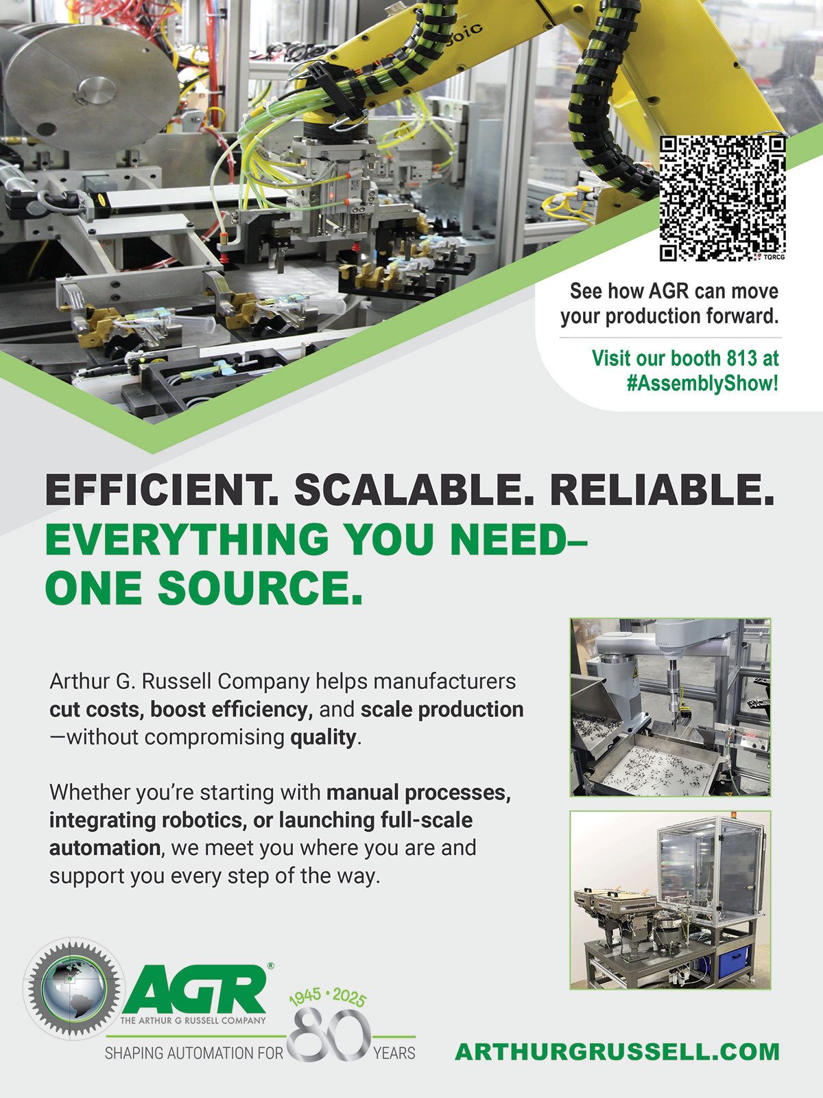 AGR (Arthur G. Russell) automation with robotics for manufacturing. Visit booth 813 at #AssemblyShow!