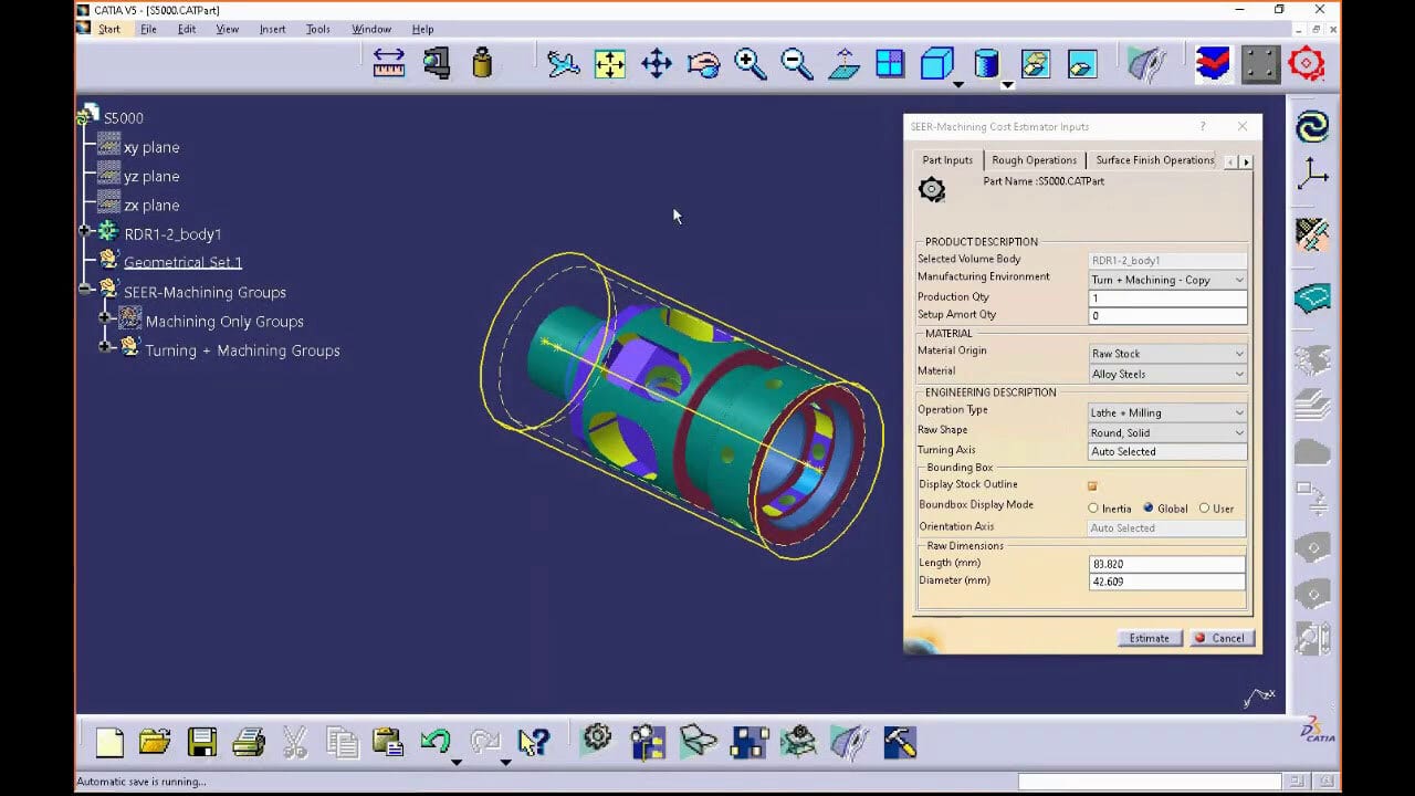 CATIA V5 screen showing a 3D machined part and SEER-Machining cost estimation details.