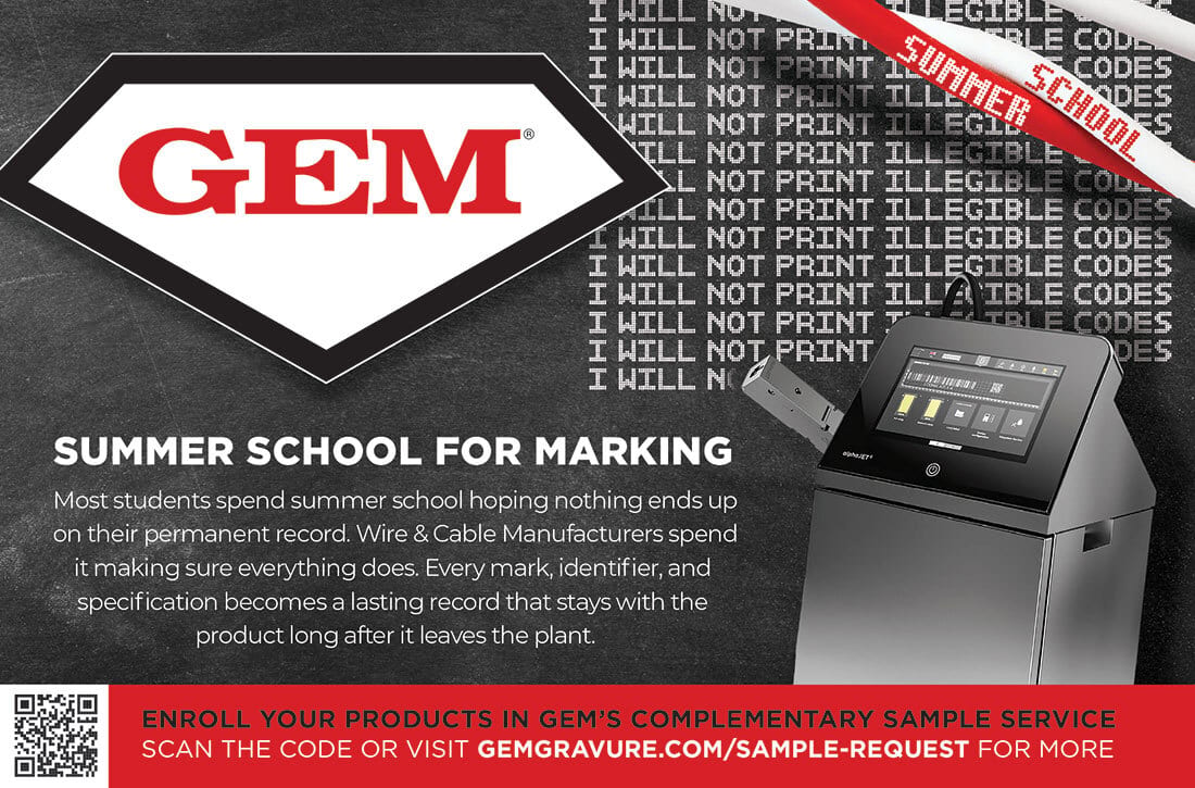 GEM logo with "Summer School for Marking" headline and an industrial marking machine on a chalkboard background.