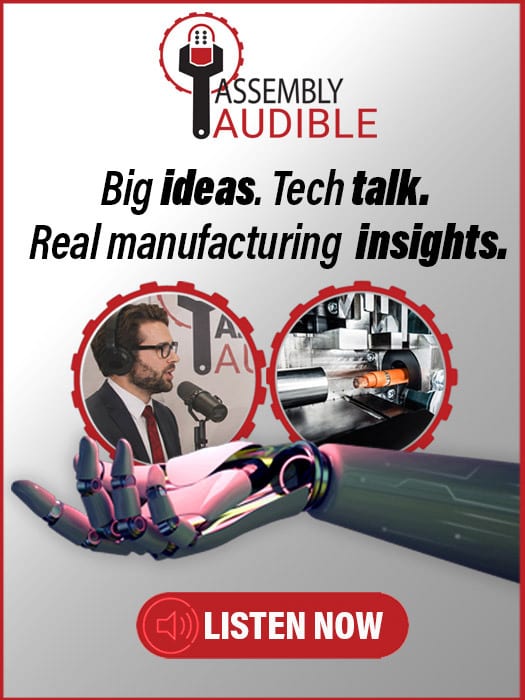 Ad for Assembly Audible podcast, featuring a robot arm, man with mic, manufacturing, and 'Listen Now'.