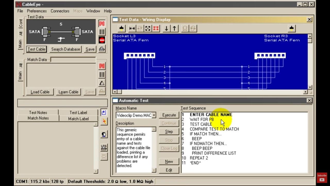 CableEye software interface showing SATA wiring diagram and automatic test sequence details.