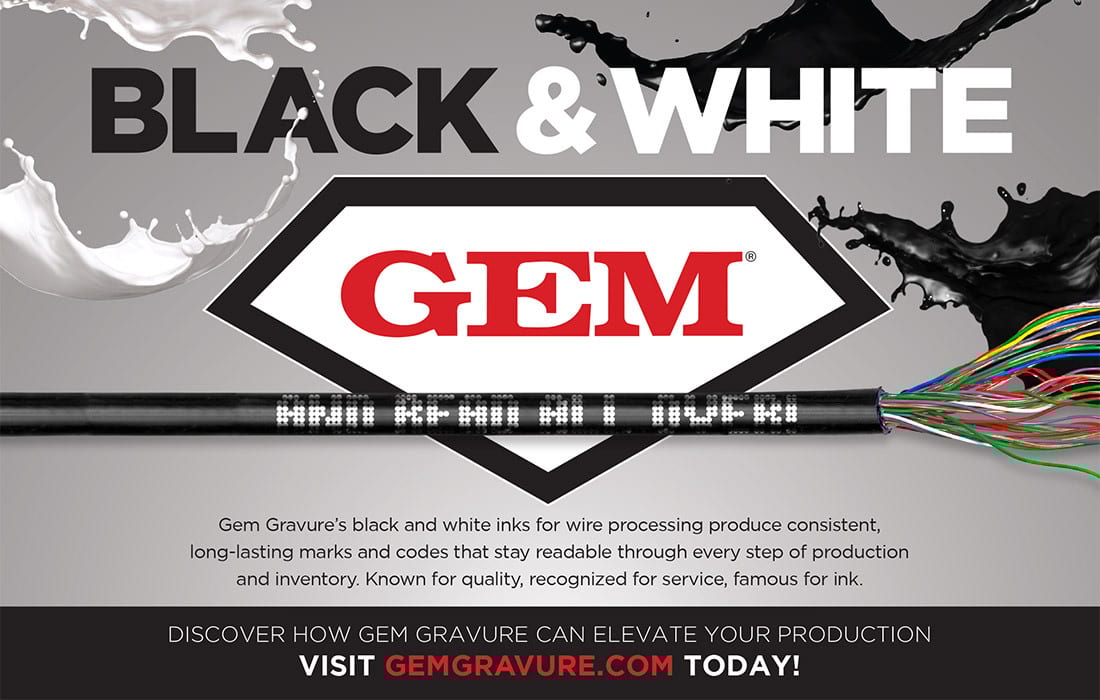 Ad for Gem Gravure's black and white inks for wire marking, shown on a cable.