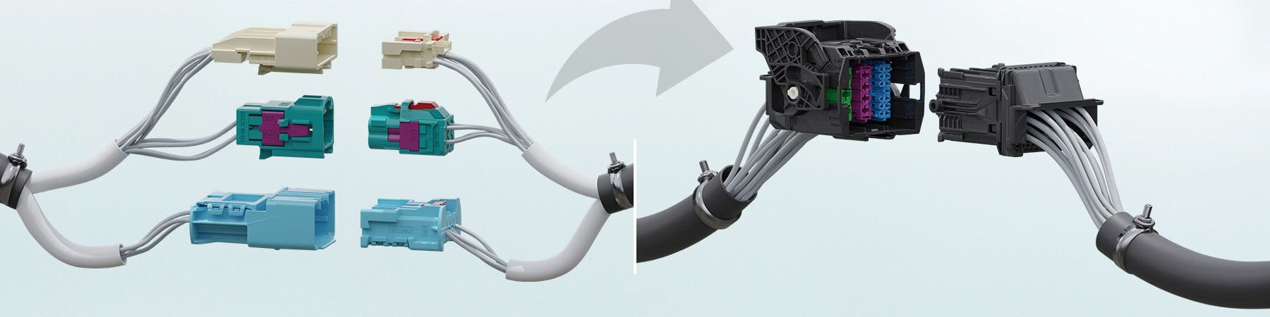 Modular electrical connectors and wires assembling into a complex, multi-port harness.